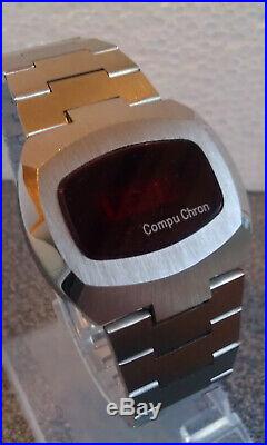 Vintage Compuchron metall tone Red LED Mens Watch. NOS