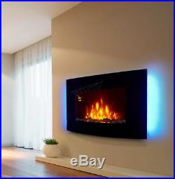 Wall Mounted Electric Fireplace Glass Heater Fire Remote Control LED Backlit New