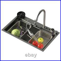 Waterfall Kitchen Sink Nano Black With 2 Buttons Piano Digital LED Display Tap